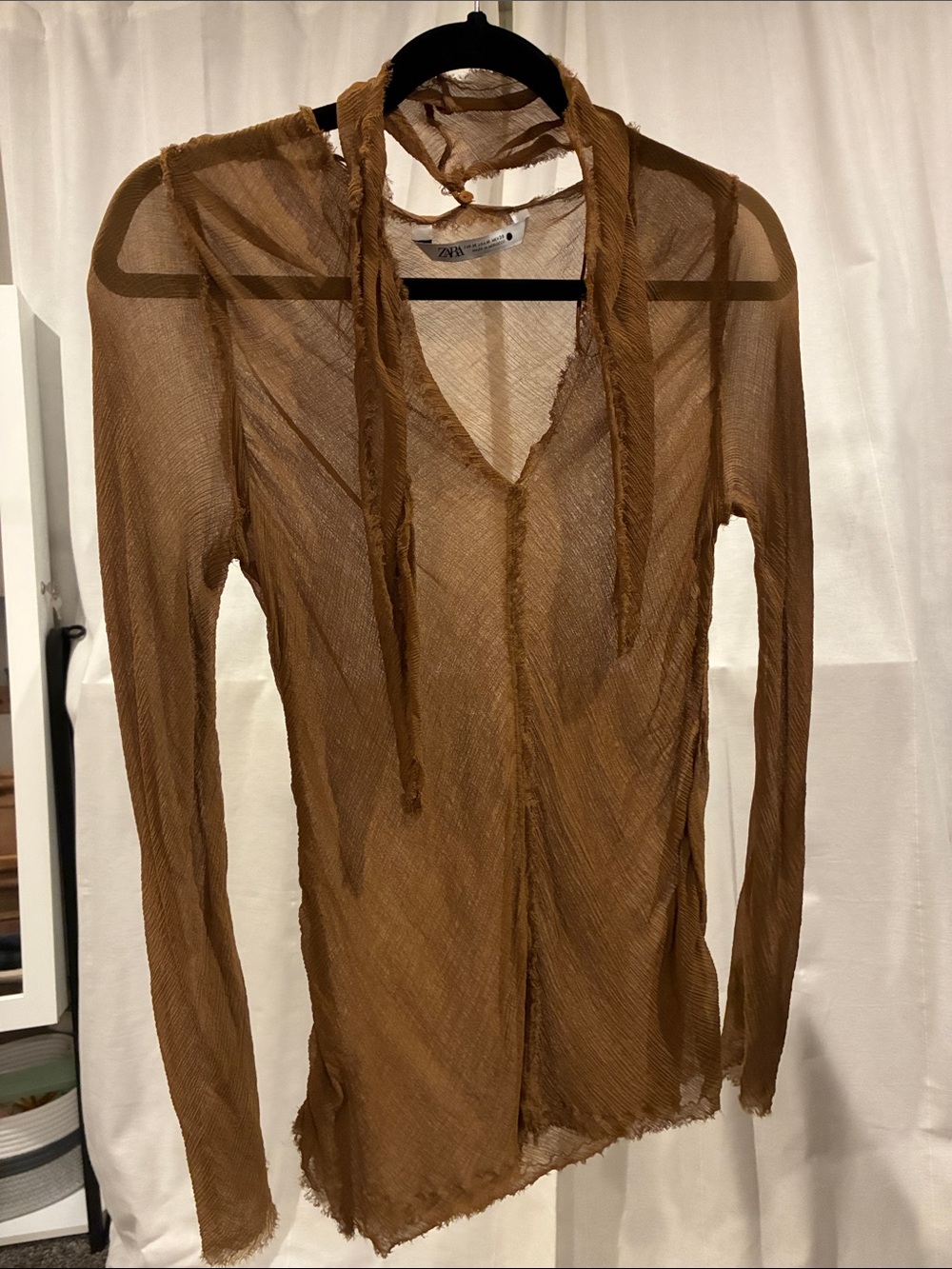 ZARA Brown Sheer Long-Sleeve V-Neck Coverup with Neck Tie